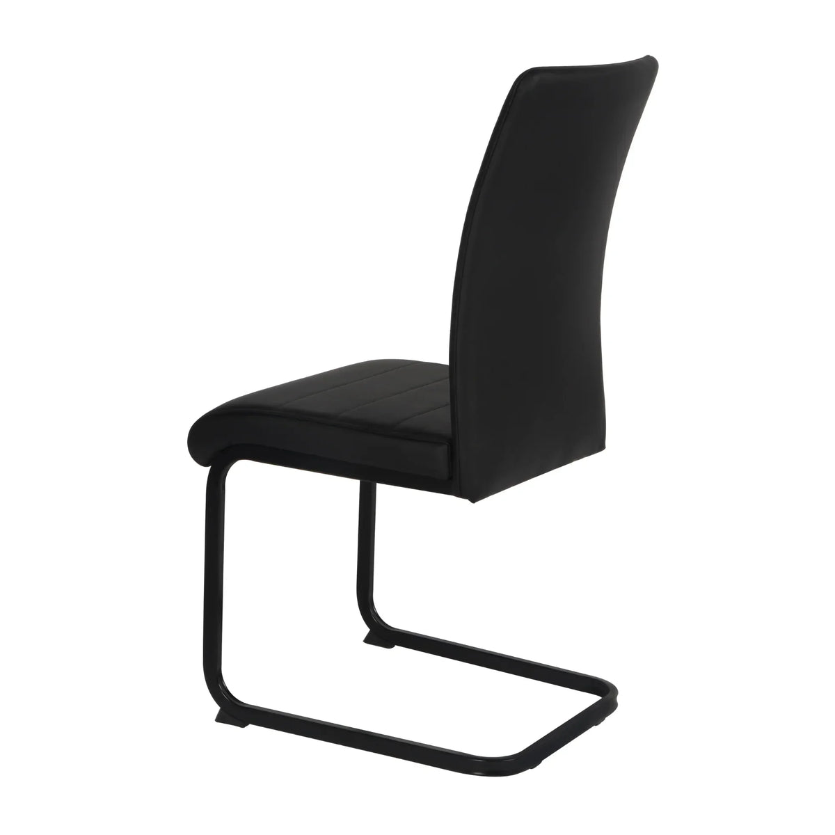 Black faux leather dining chair with cantilever metal frame, rear side angle view