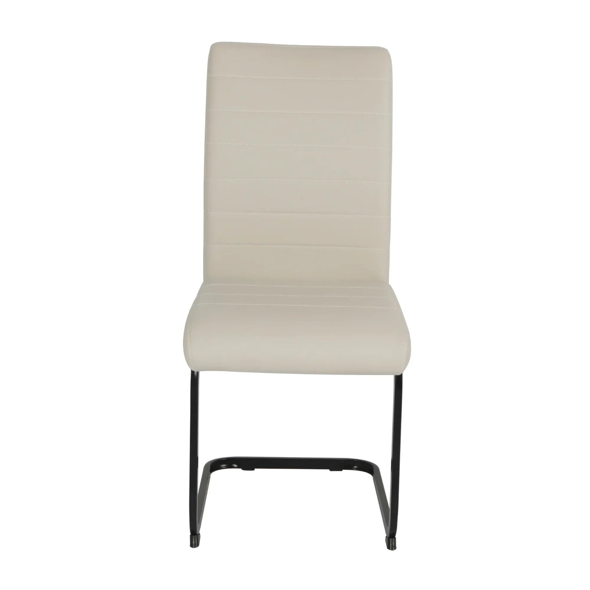 Beige dining chair with padded seat, black metal sled base, front view