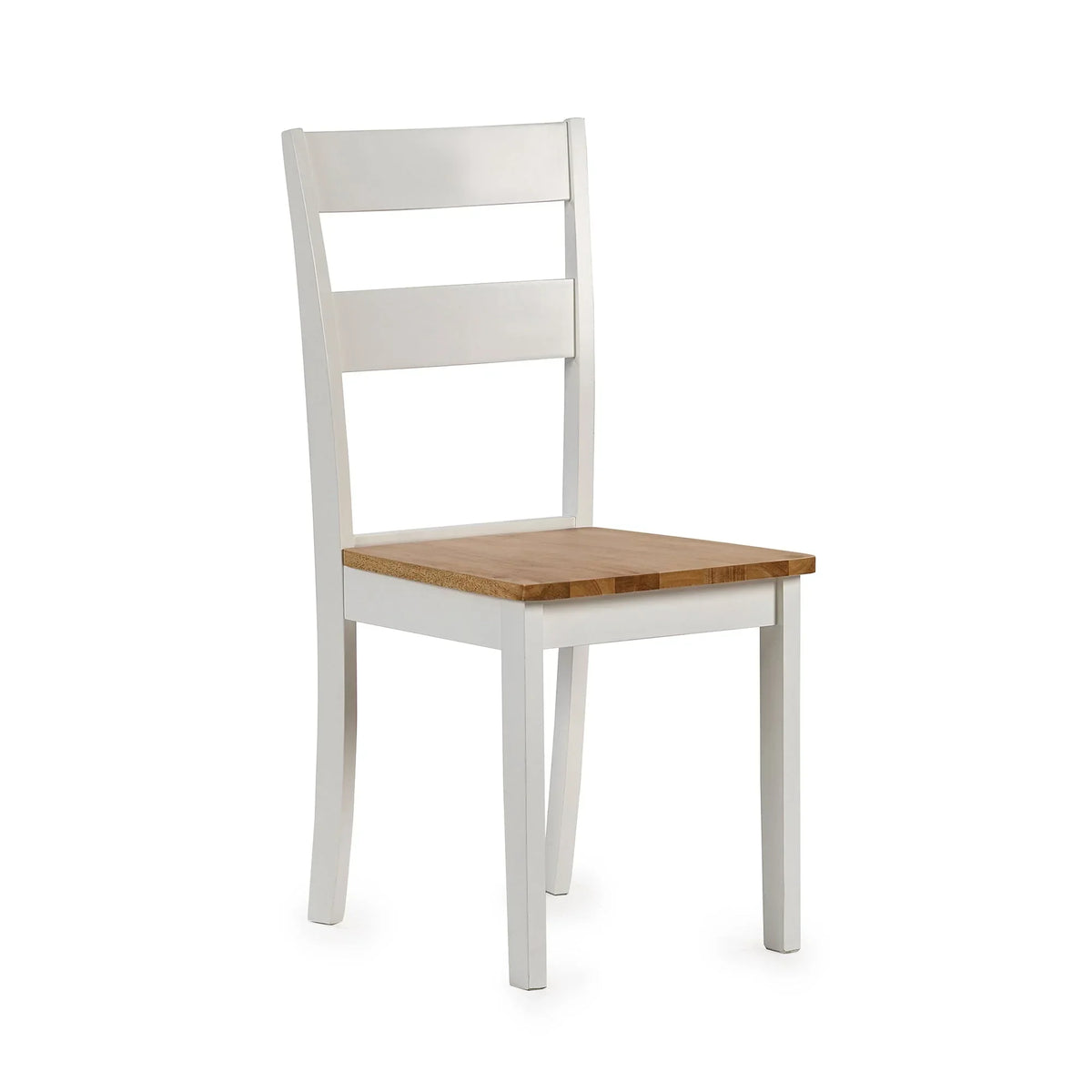 Wooden dining chair with white frame and natural wood seat, angled view