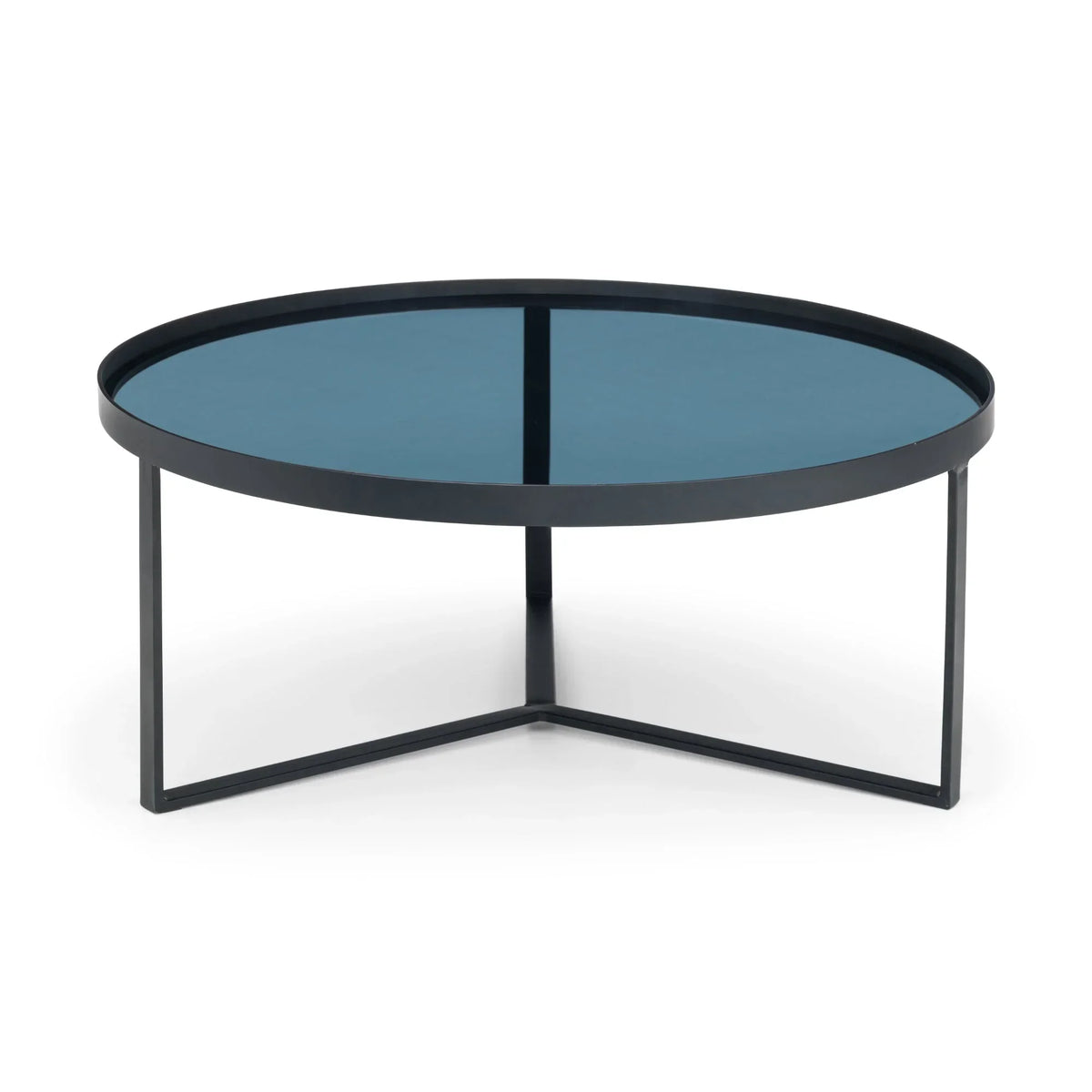Round smoked glass coffee table with black metal frame and minimalist legs on white background