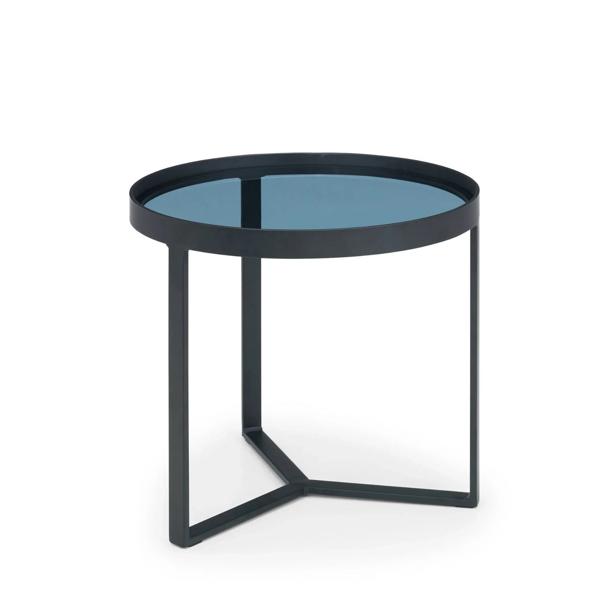 Round smoked glass lamp table with black metal frame on white background