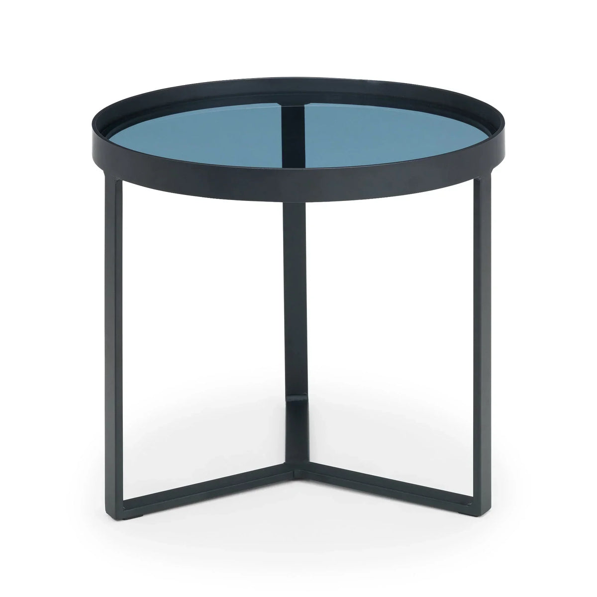 Round smoked glass lamp table with black metal frame on white background