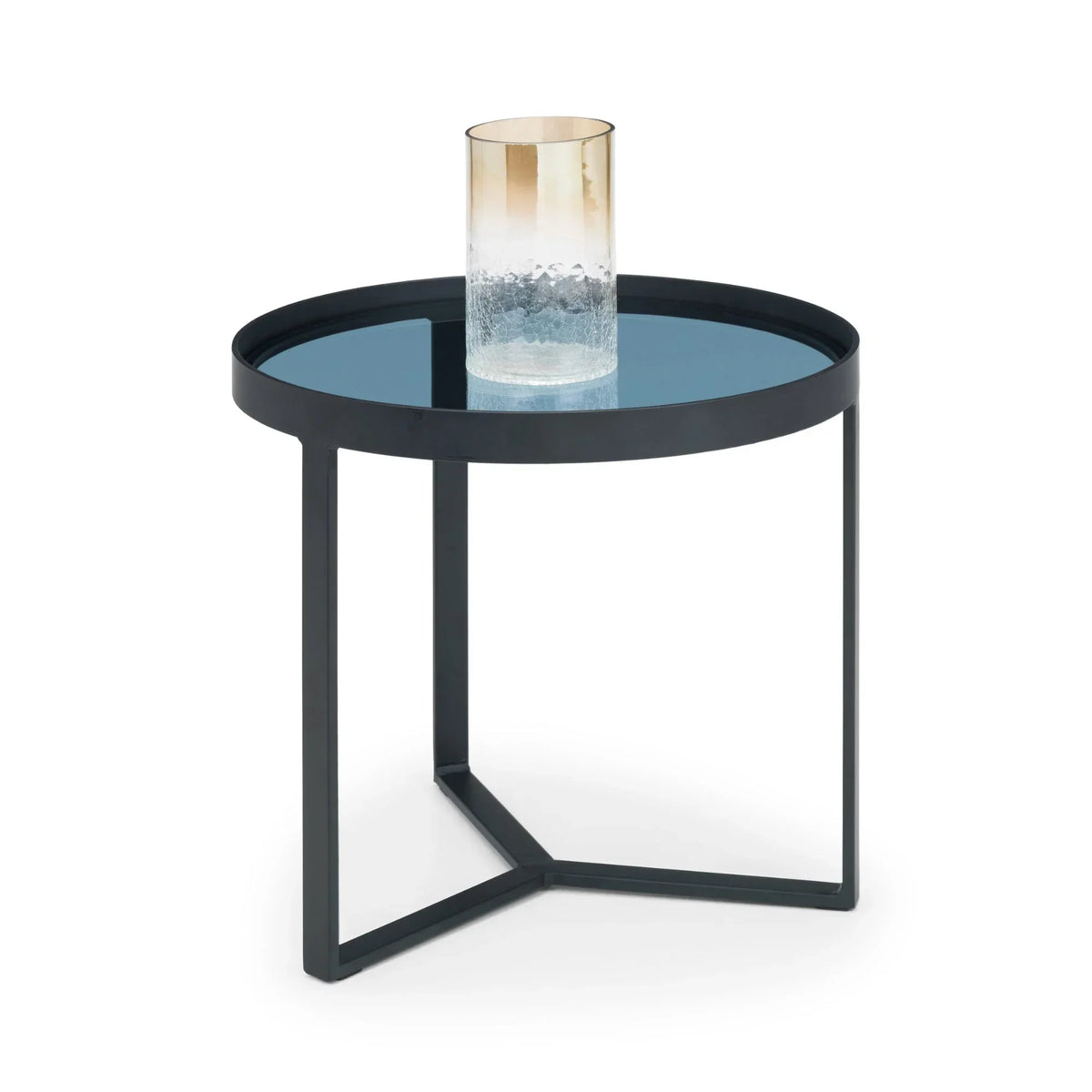 smoked glass lamp table with black metal frame and cylindrical glass decor accent