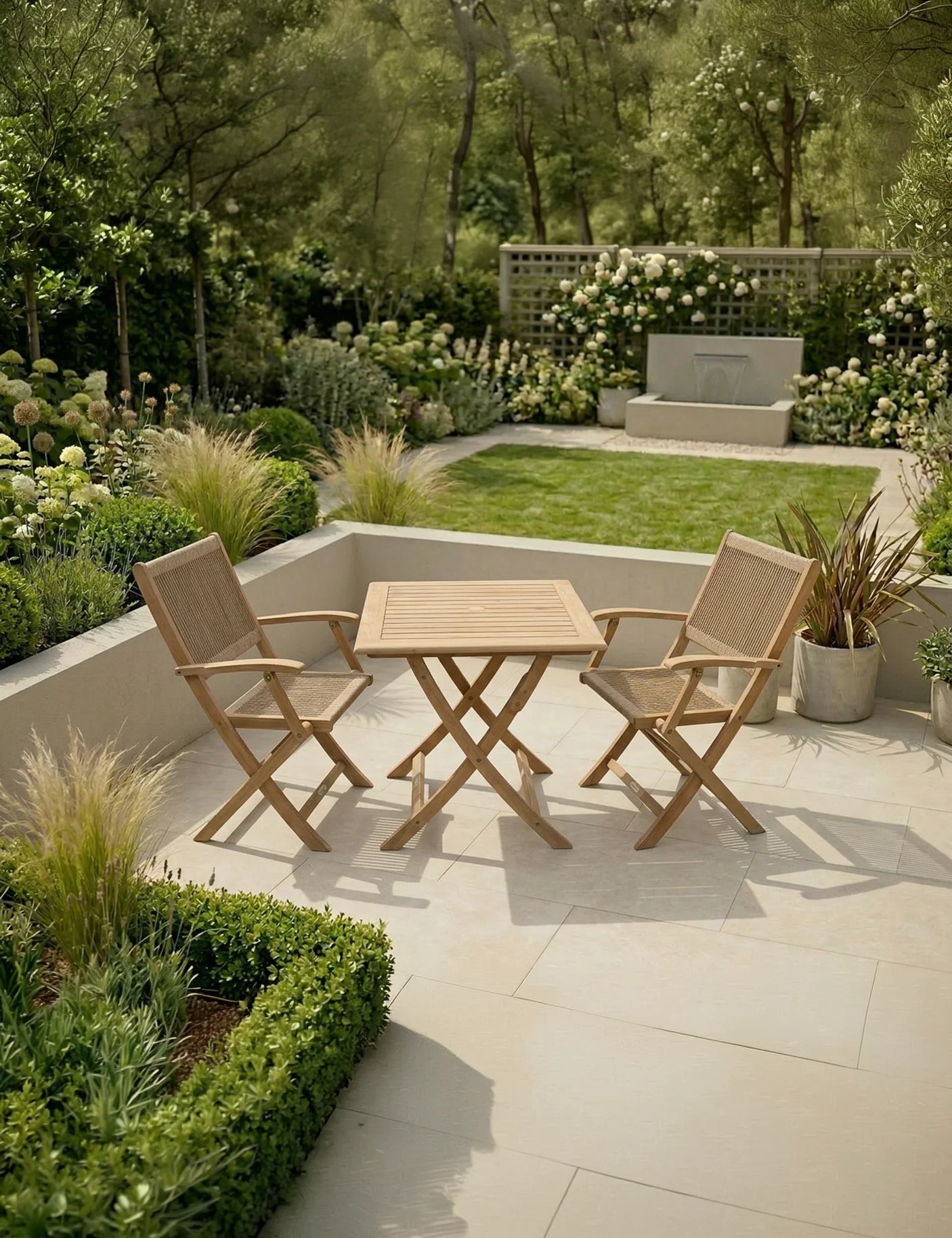 Teak garden dining set with two chairs on tiled patio surrounded by landscaped greenery