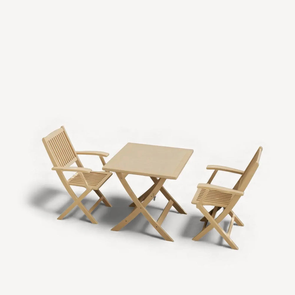 Light wood dining set with square table, two slatted armchairs on white background