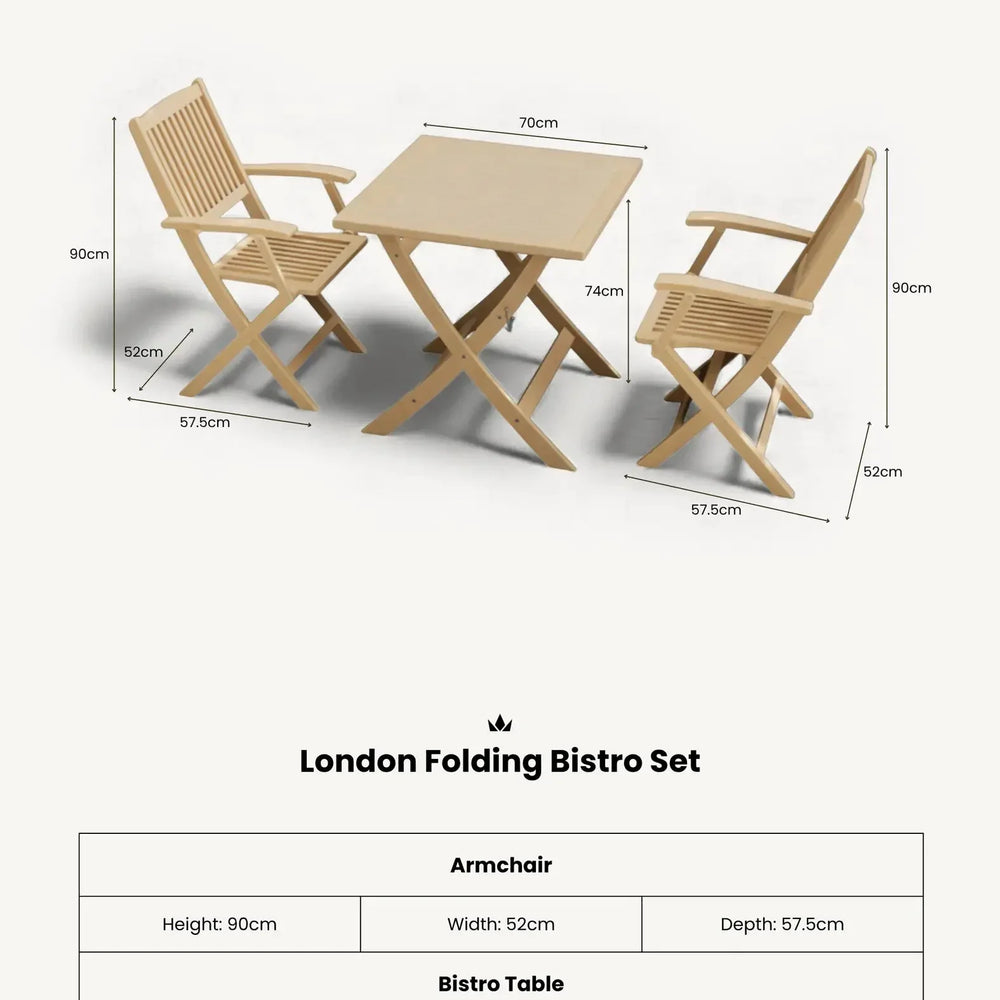 London folding bistro set with two wooden armchairs and square table, measurement details shown