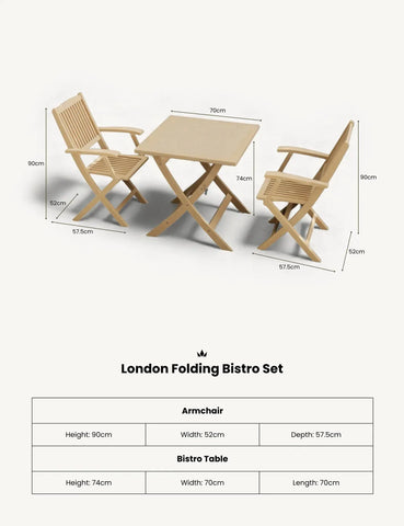 London folding bistro set with two wooden armchairs and square table, measurement details shown