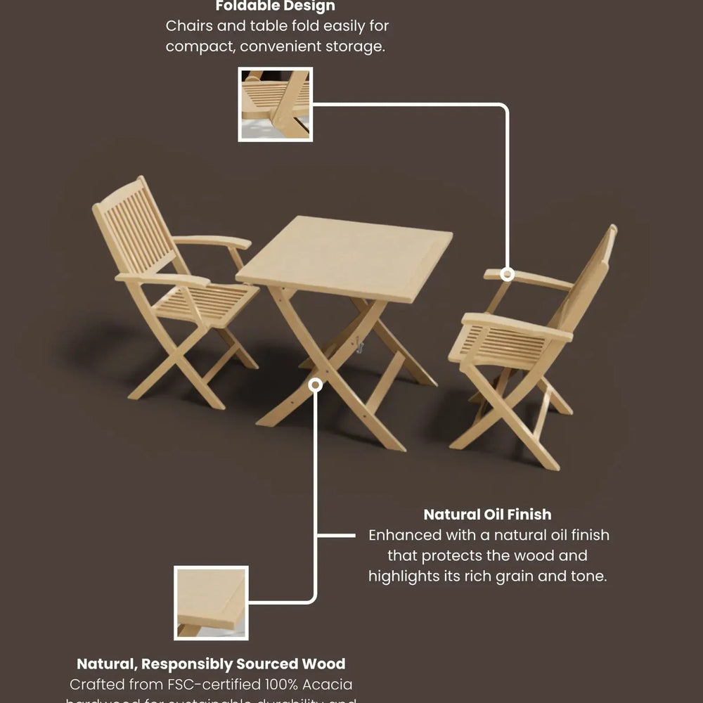 Acacia wood folding garden bistro set with slatted chairs and square table