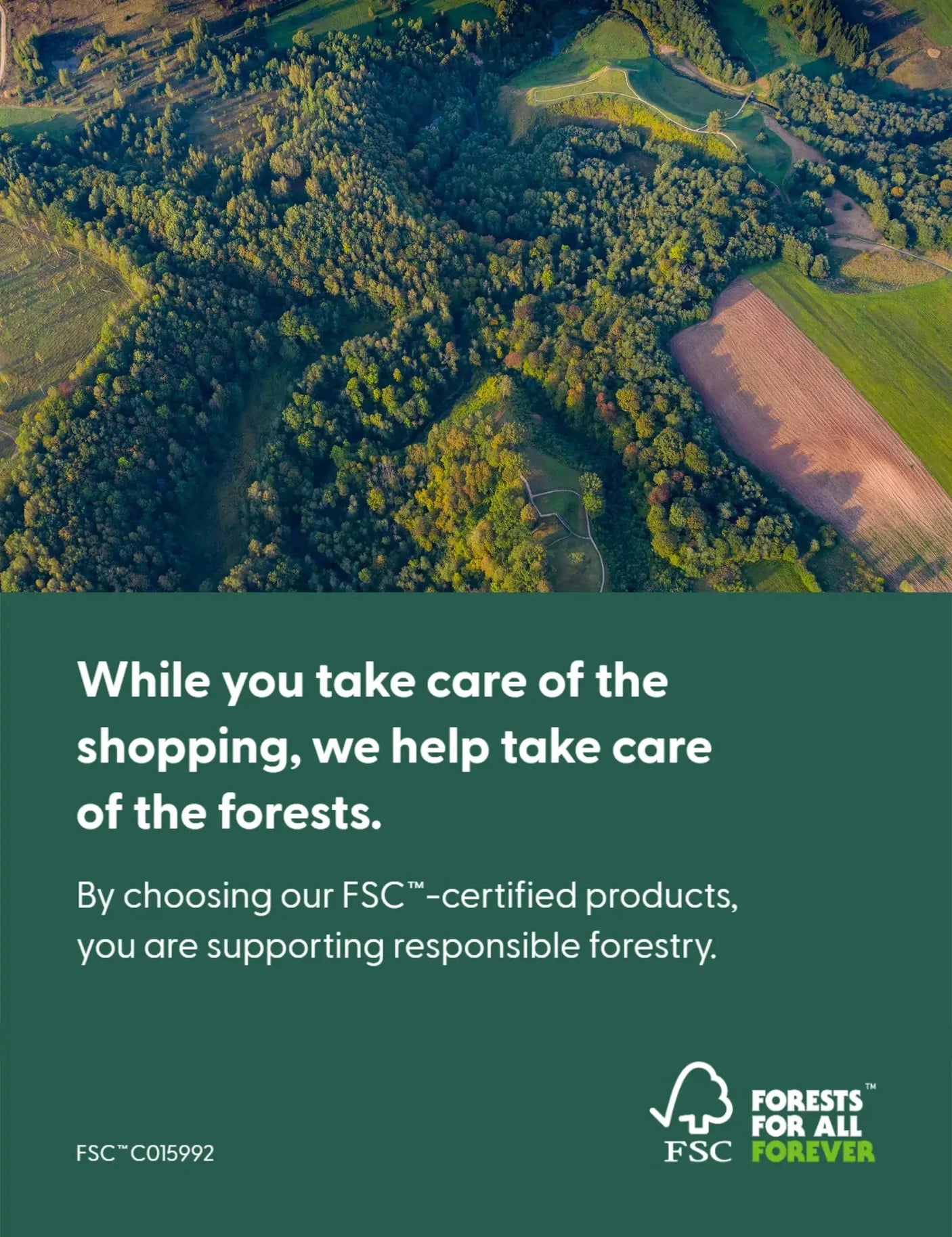 Aerial view of forest landscape and farmland with FSC responsible forestry support message