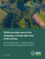 Aerial view of forest landscape and farmland with FSC responsible forestry support message