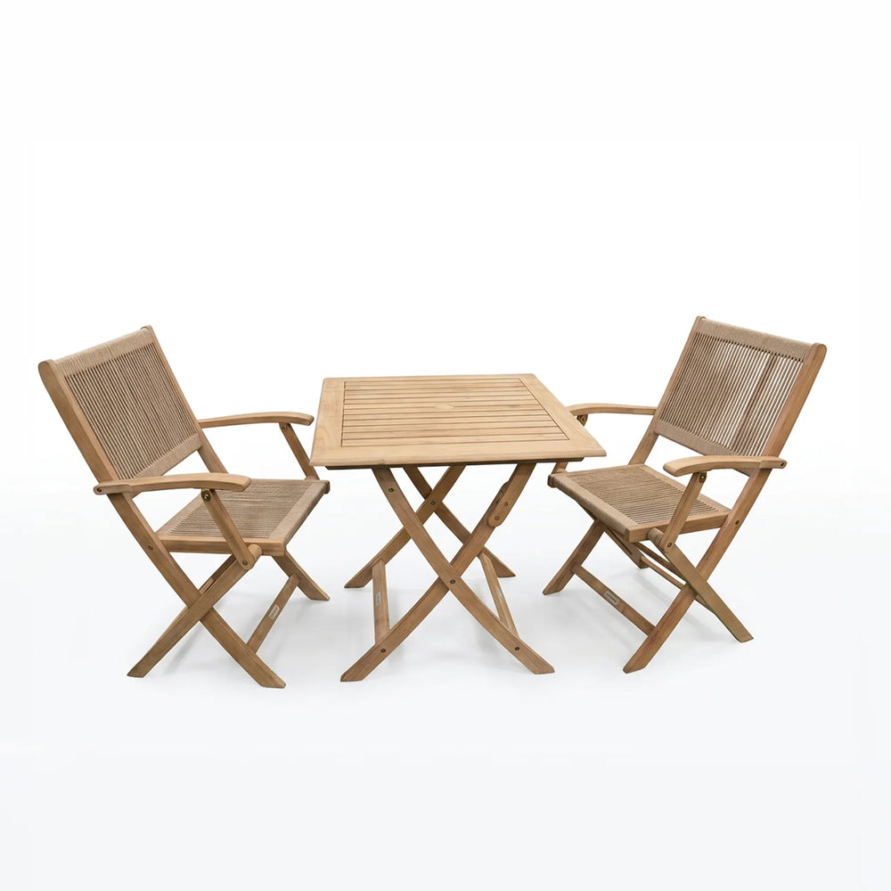Wooden garden dining set with square table and two slatted armchairs on white background