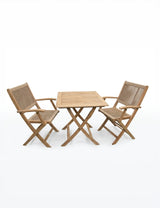 Wooden garden dining set with square table and two slatted armchairs on white background