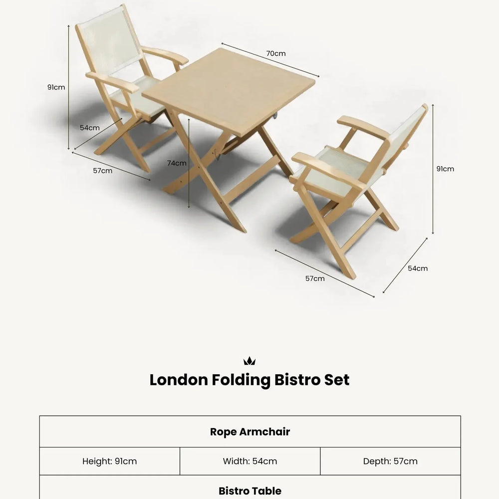 London folding bistro set with square table and two beige rope armchairs, dimension lines shown
