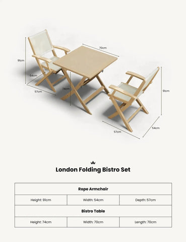 London folding bistro set with square table and two beige rope armchairs, dimension lines shown