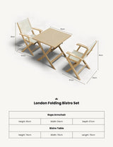 London folding bistro set with square table and two beige rope armchairs, dimension lines shown