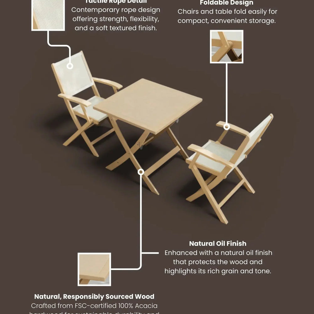 Acacia wood foldable bistro set with rope detail chairs and square table, natural finish
