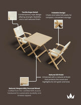 Acacia wood foldable bistro set with rope detail chairs and square table, natural finish