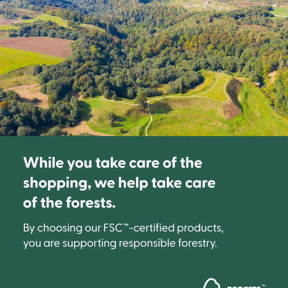 Aerial view of green forest landscape with fields and FSC certification message for responsible forestry
