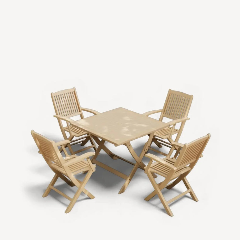 Light wood outdoor dining set with square table and four slatted folding chairs