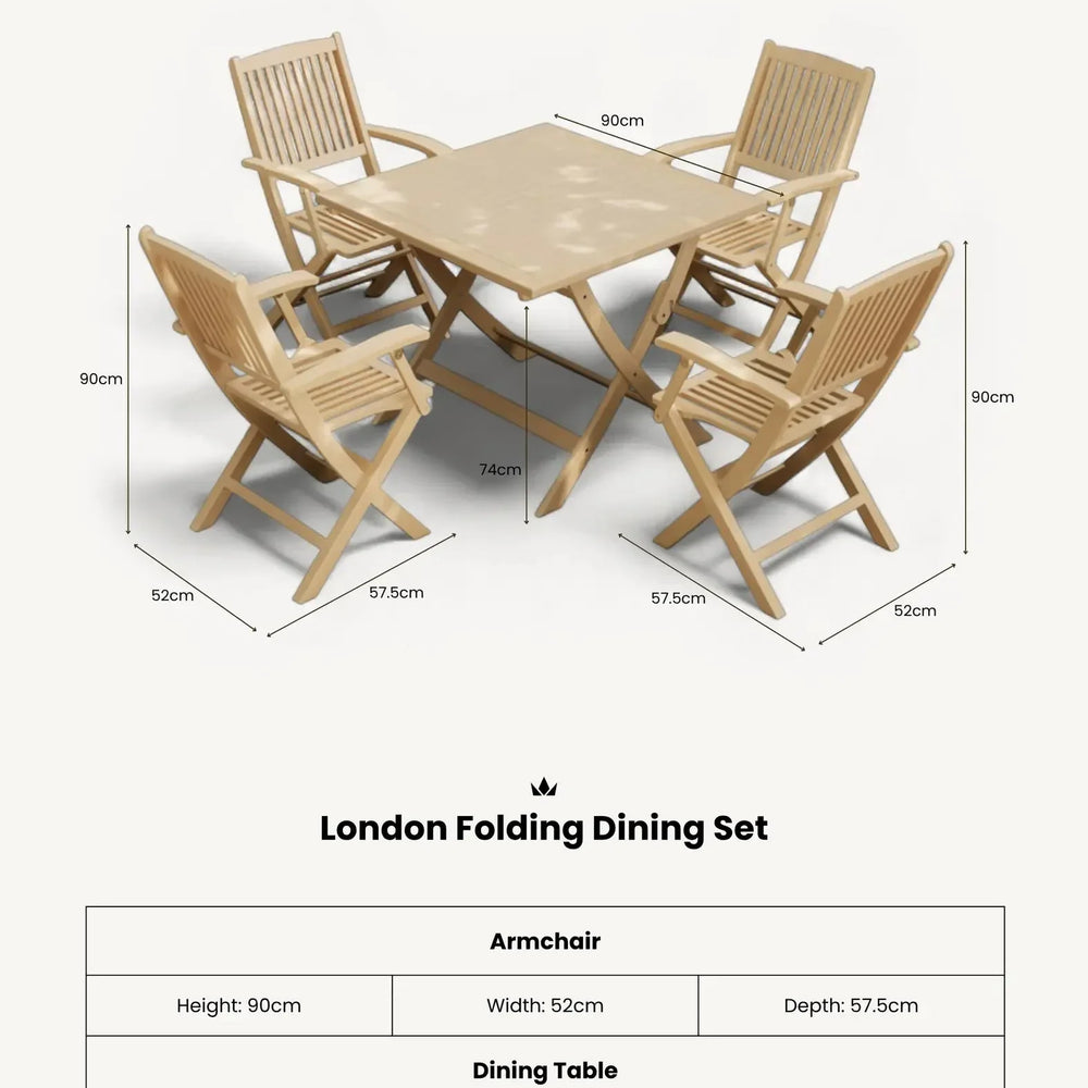 London folding dining set with four wooden armchairs and square table, measurements shown