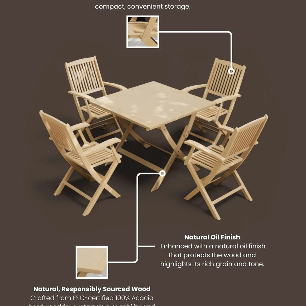 Acacia wood outdoor dining set with foldable chairs and table, natural oil finish