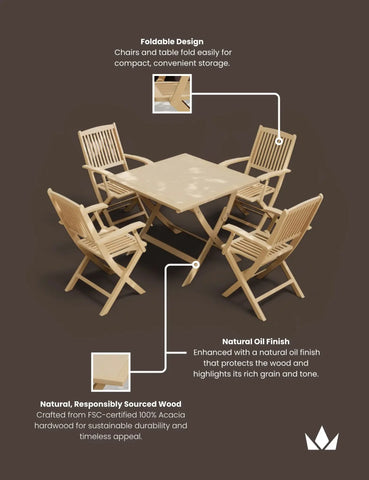 Acacia wood outdoor dining set with foldable chairs and table, natural oil finish