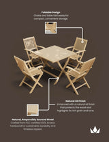 Acacia wood outdoor dining set with foldable chairs and table, natural oil finish