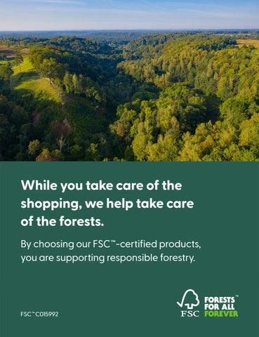 Dense green forest landscape under blue sky with FSC certified forestry message overlay