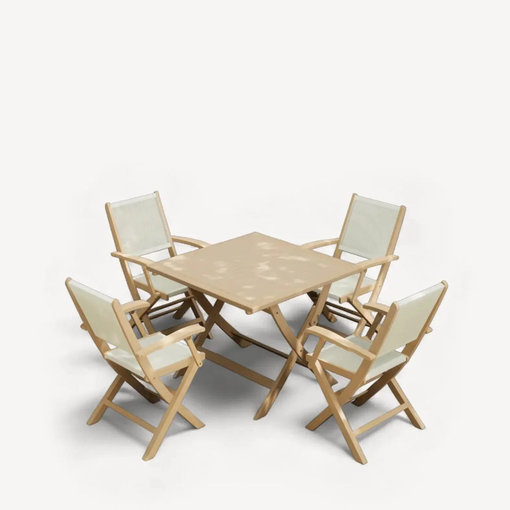 Outdoor dining set with square table and four beige mesh folding chairs on white background