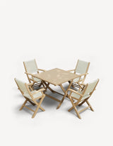 Outdoor dining set with square table and four beige mesh folding chairs on white background