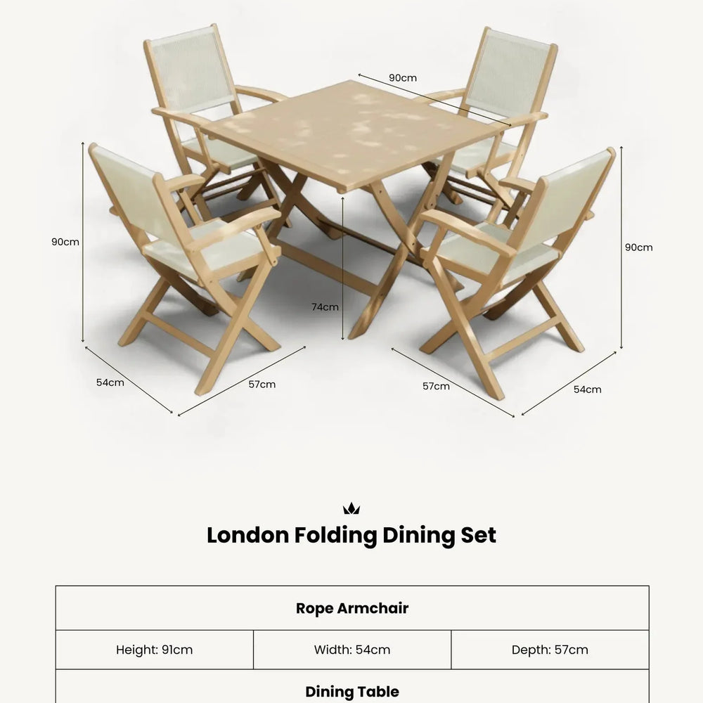 London folding dining set with four beige rope armchairs and square 90cm table, dimensions shown