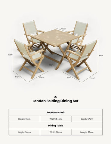 London folding dining set with four beige rope armchairs and square 90cm table, dimensions shown