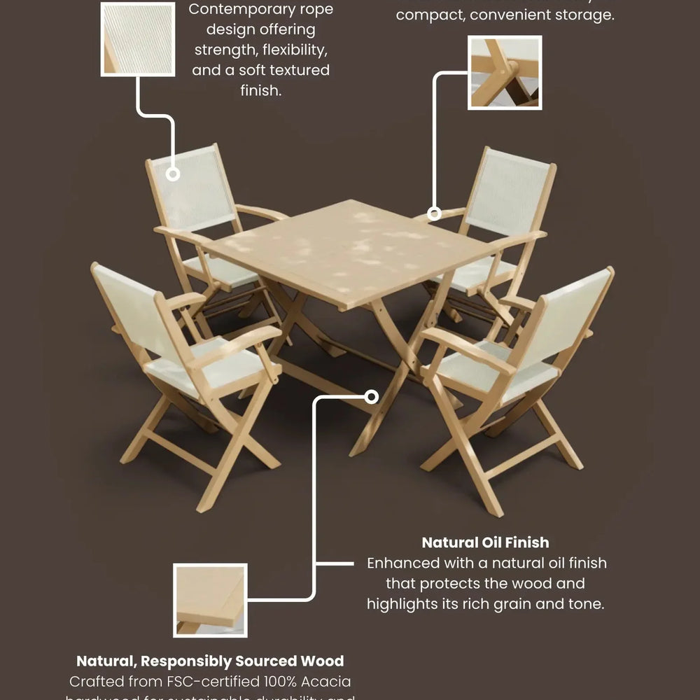 Foldable acacia garden dining set with four rope detail chairs and square table