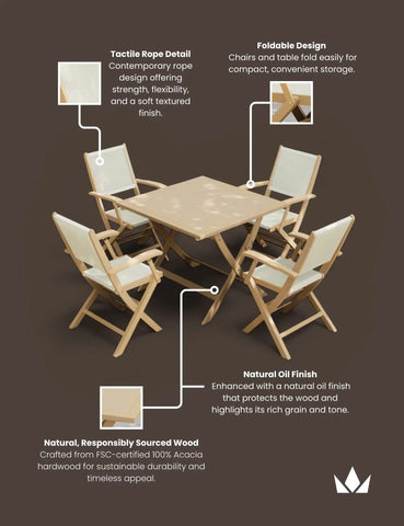 Foldable acacia garden dining set with four rope detail chairs and square table