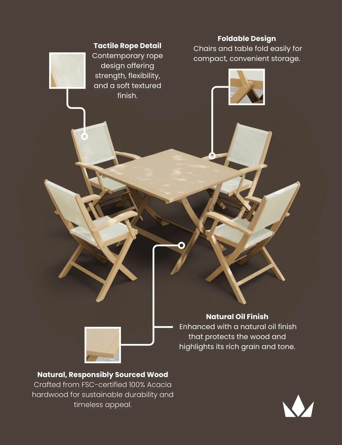 Foldable acacia garden dining set with four rope detail chairs and square table
