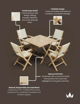 Foldable acacia garden dining set with four rope detail chairs and square table