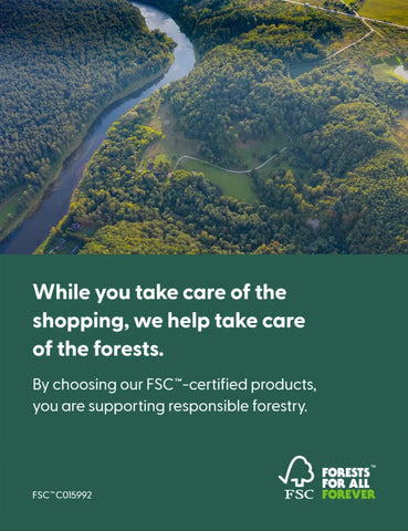 Aerial view of green forest and winding river, FSC certified forestry text overlay