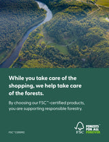 Aerial view of green forest and winding river, FSC certified forestry text overlay