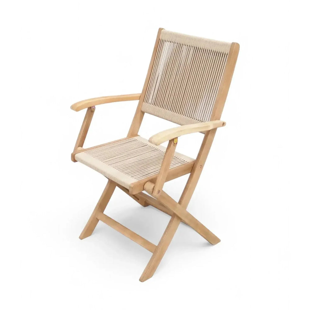 Wooden outdoor chair with slatted rope seat and backrest, angled view on white background