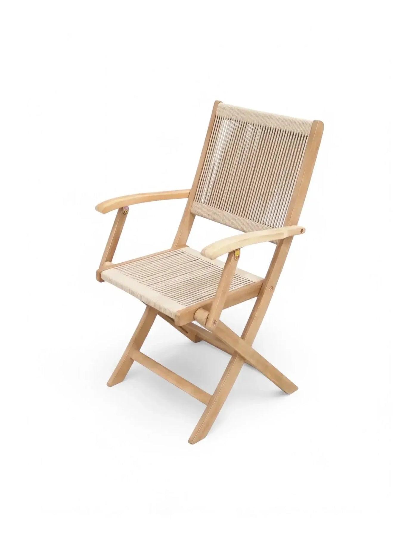 Wooden outdoor chair with slatted rope seat and backrest, angled view on white background