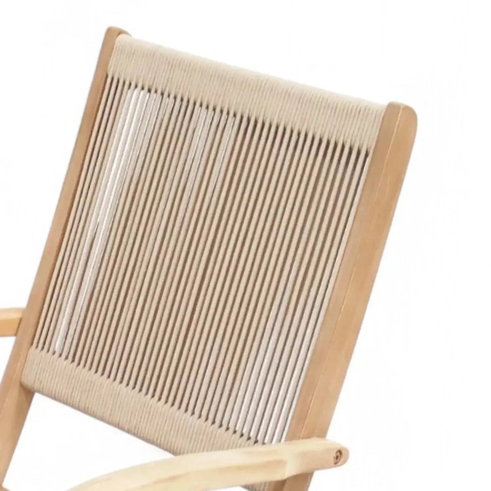 Light wood garden chair with rope backrest detail, armrest and partial seat view