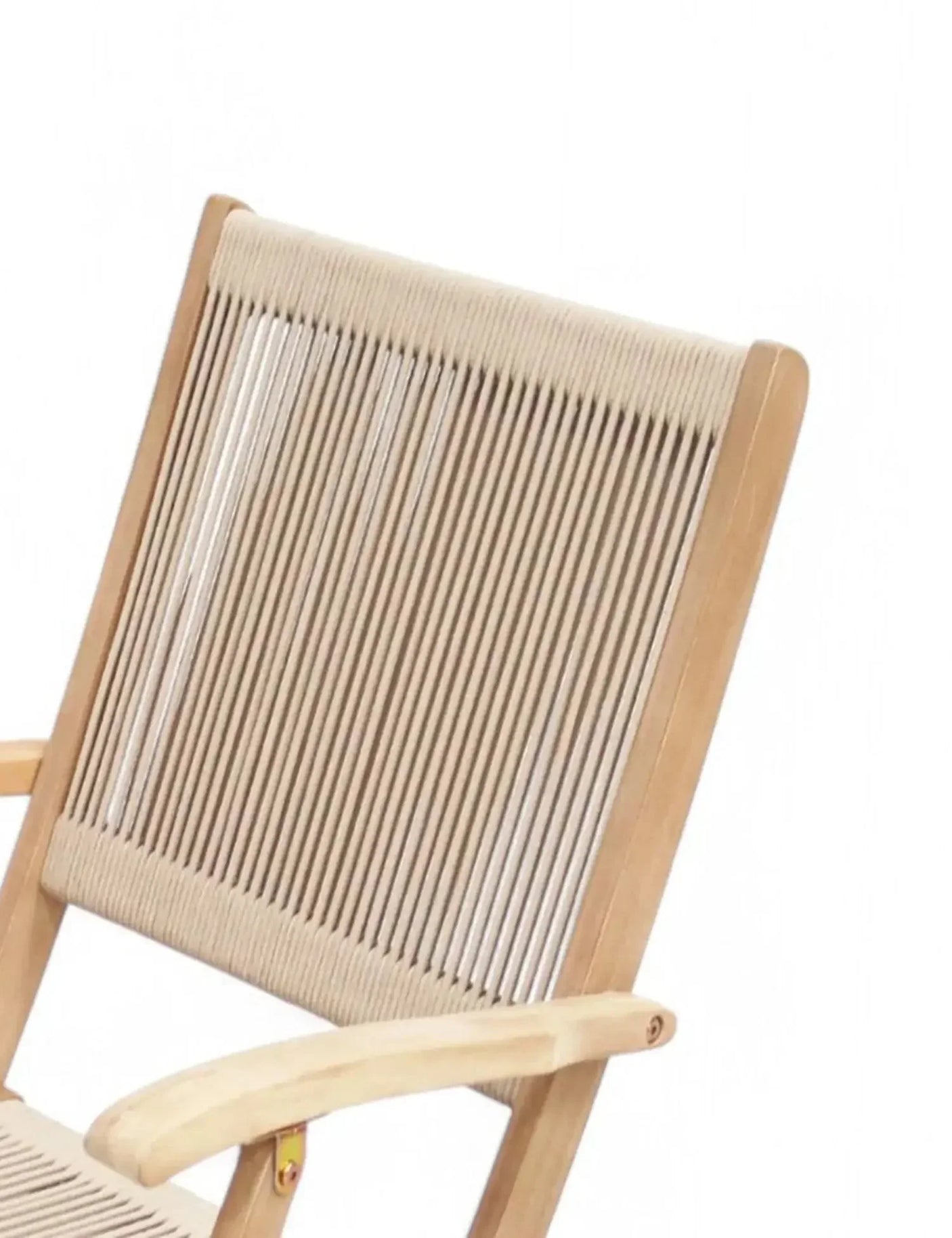 Light wood garden chair with rope backrest detail, armrest and partial seat view