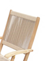 Light wood garden chair with rope backrest detail, armrest and partial seat view