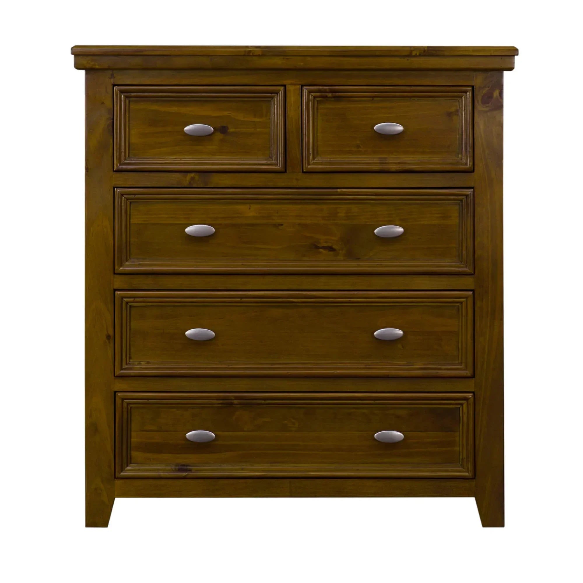 Wooden chest of drawers with five drawers and silver handles, front view