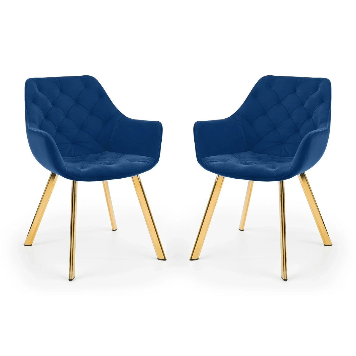 Pair of blue velvet dining chairs with gold metal legs, tufted seat and backrest