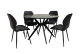 Round glass dining table with black metal legs and four matching black upholstered chairs
