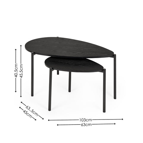 Two black teardrop nesting tables shown with dimensions on a white background.