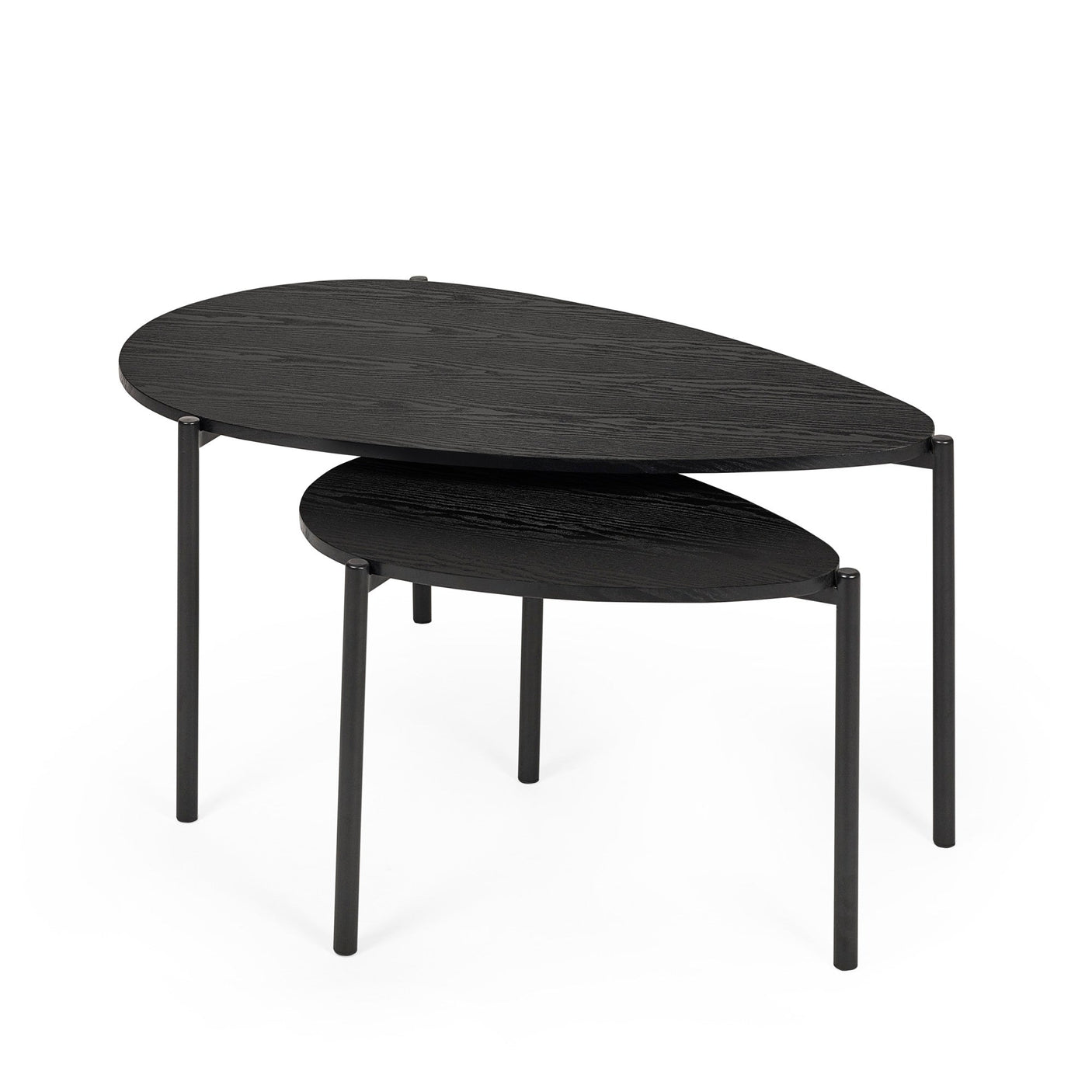 Front angle isolated view of black teardrop nesting coffee tables on white background
