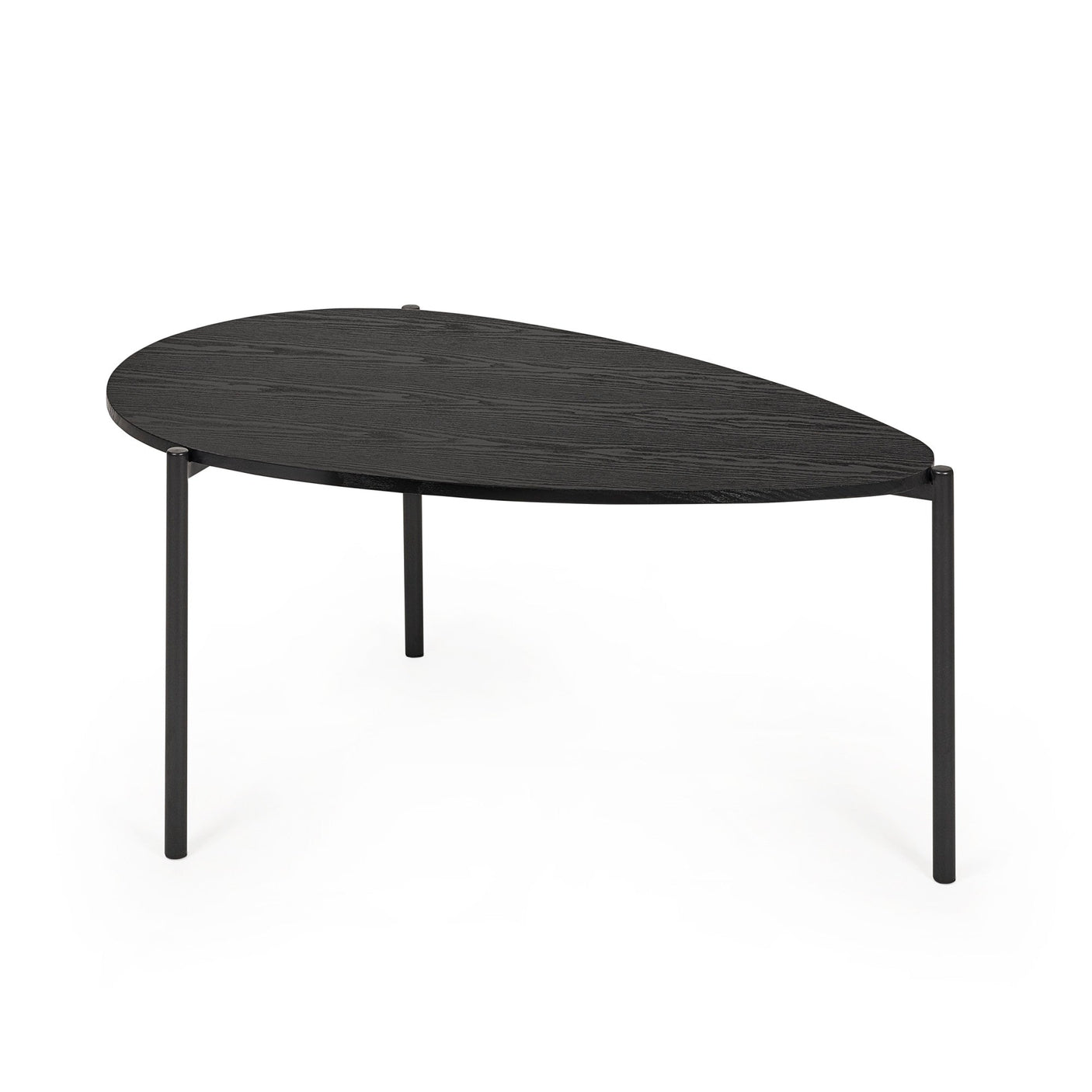 Black teardrop-shaped nesting coffee table with metal legs, isolated on white background.