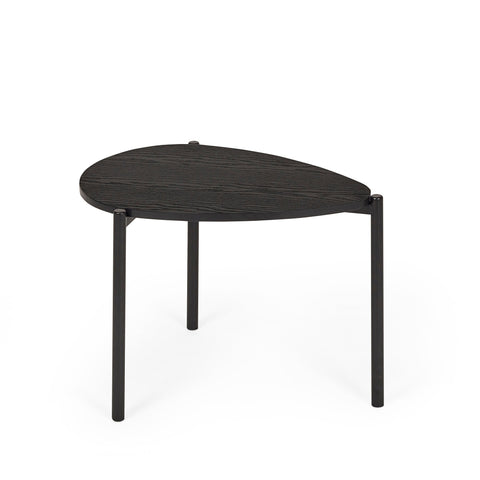 Single smaller black teardrop table isolated with black metal legs on white background